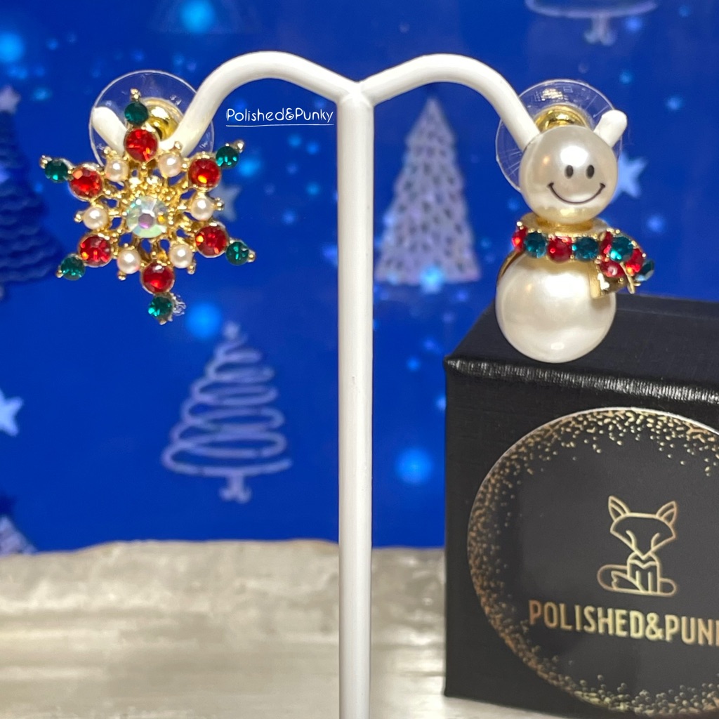 Christmas Earrings ~ Snowman Snowflake Pearl Earrings - Gold Stud Earrings W/Box